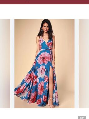Lulu's Blue Maxi Slip Dress with Pink and Red Floral Print